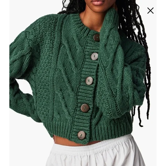 Free People Bonfire Cable Knit Cardi - Forest Green - Picture 1 of 6